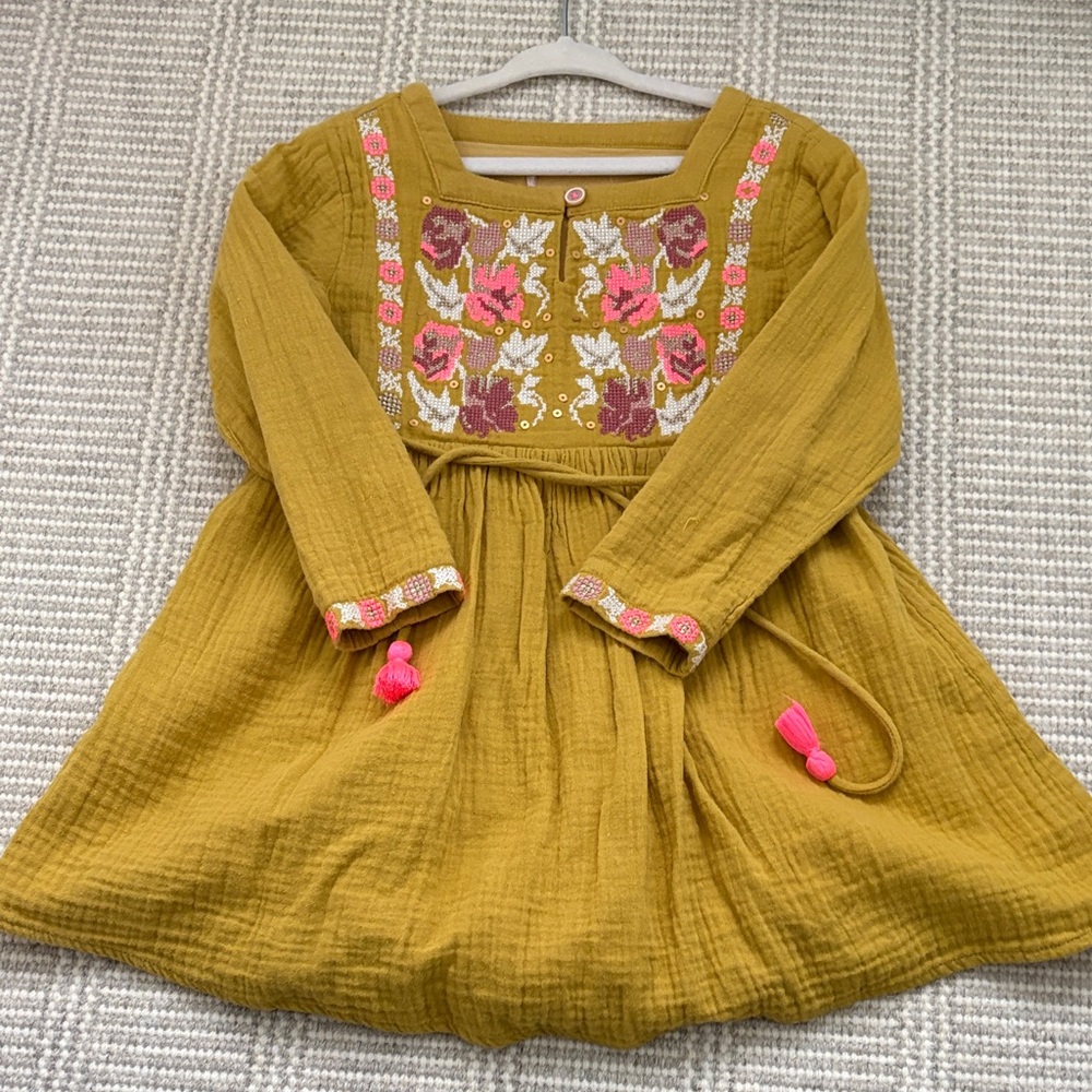 Charming Mustard Kids Dress with Floral Embroidery